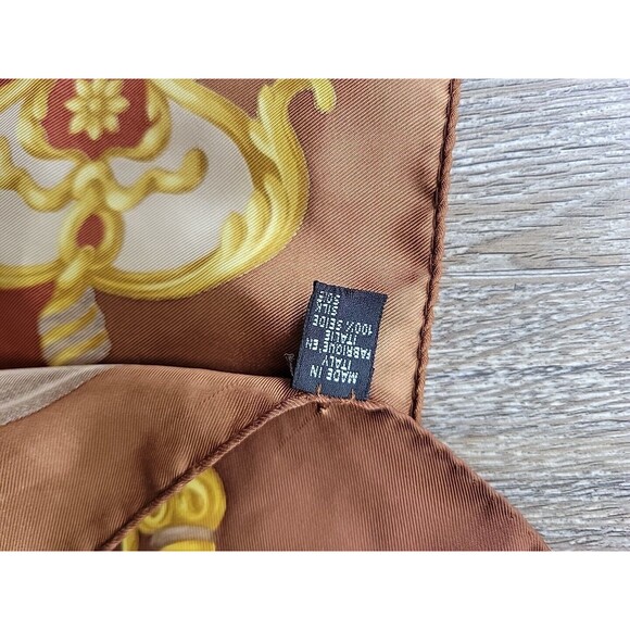 Lancel Rolled Hem Silk Scarf Decorative Scroll Keys Brown Square 34" x 34.5" - Picture 7 of 7